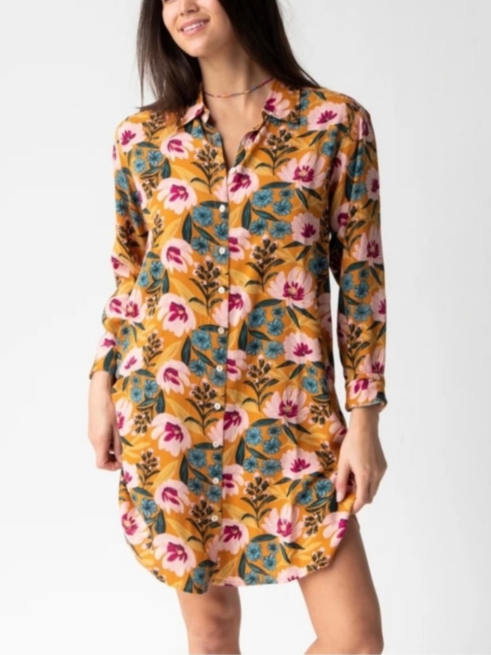 Women’s Natural Life Georgia Floral Button Up Shirt Dress Mustard Yellow Size M